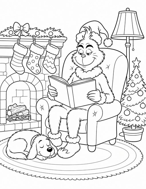 Grinch Reading By Fireplace
