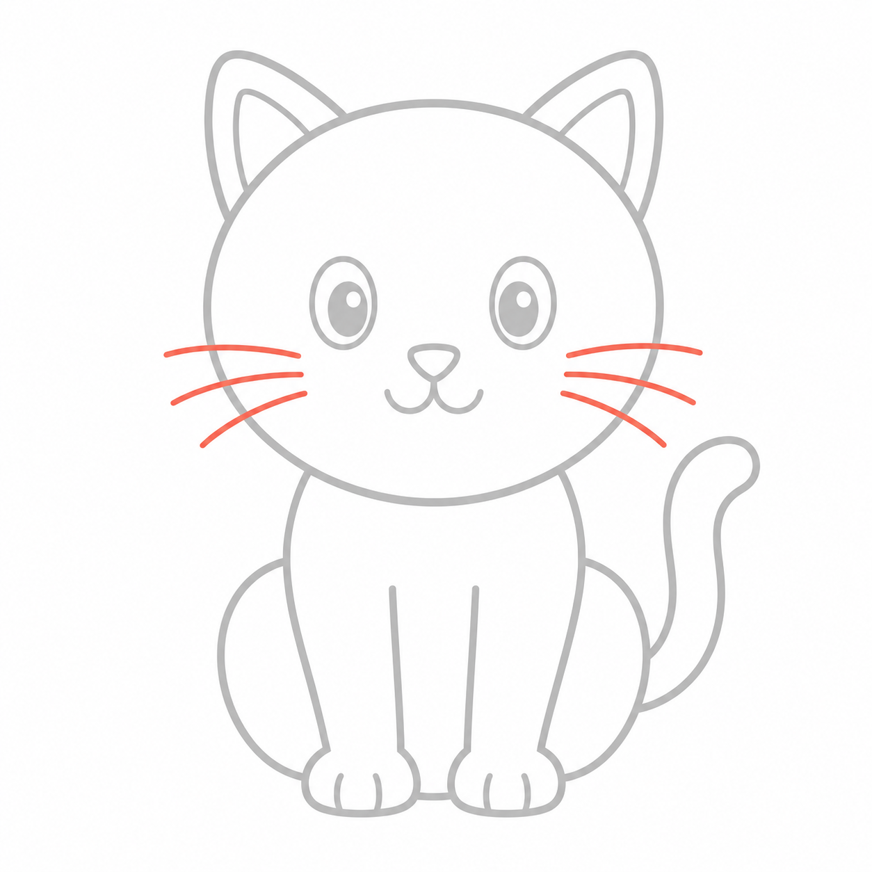 Step 17: Draw three whiskers on each side of the cat's face.