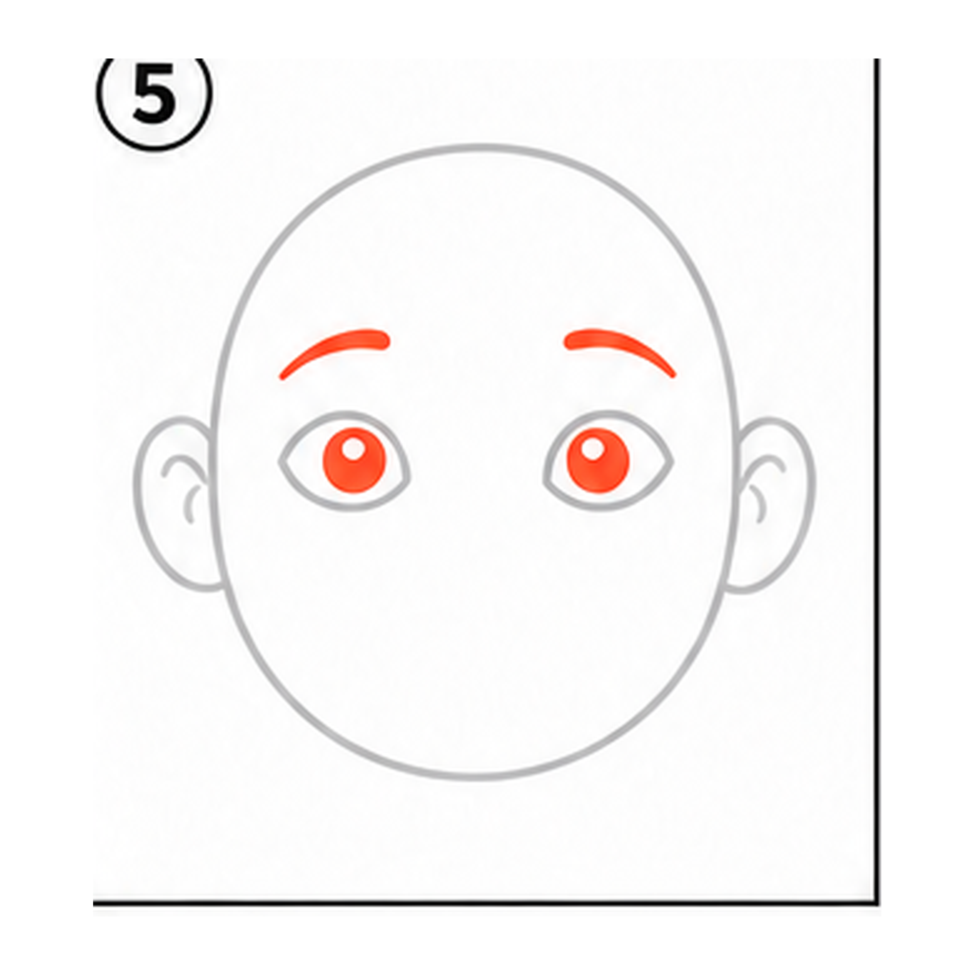 Step 5 of how to draw a head: add pupils and eyebrows.