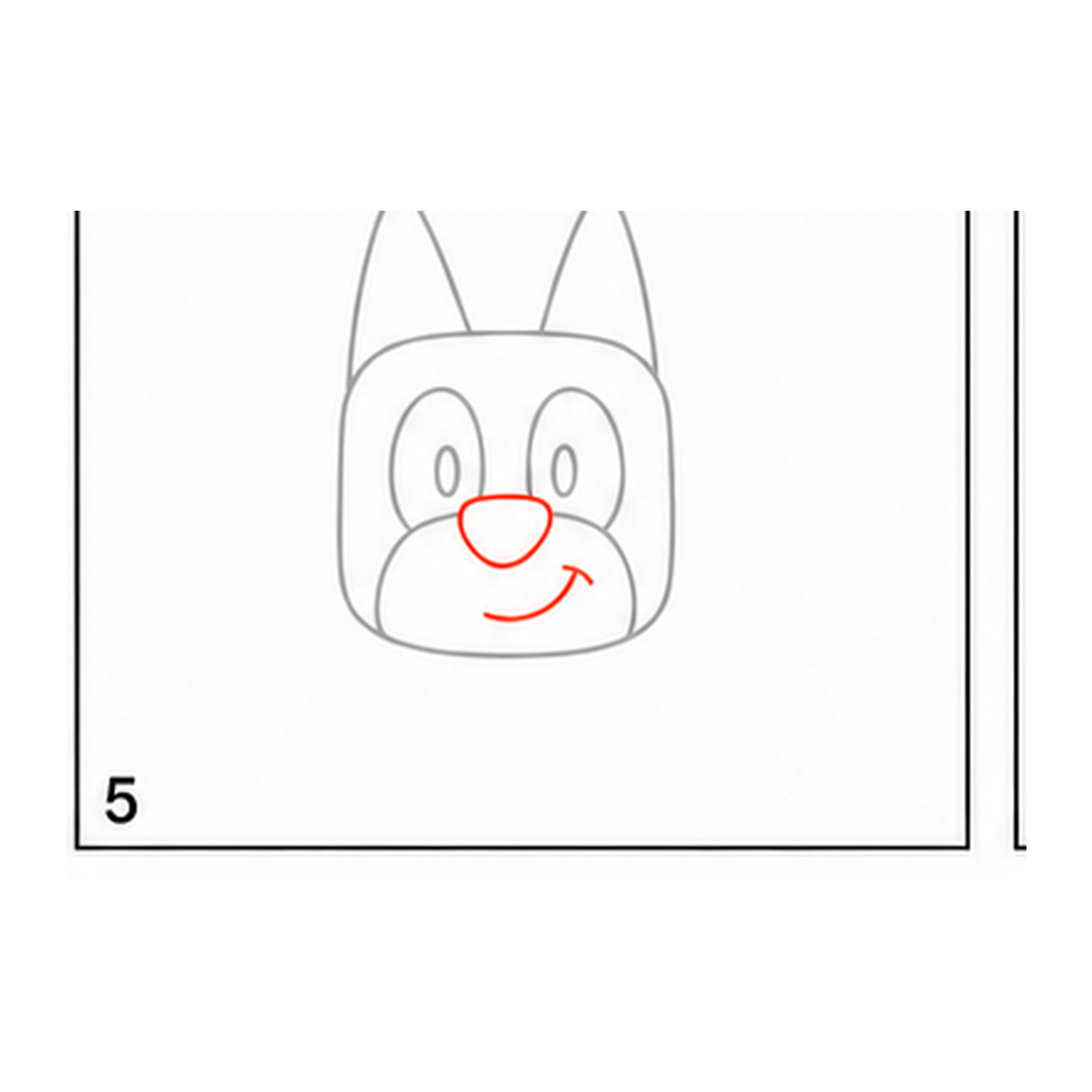 Step 5 of how to draw bluey: add the nose and smile.