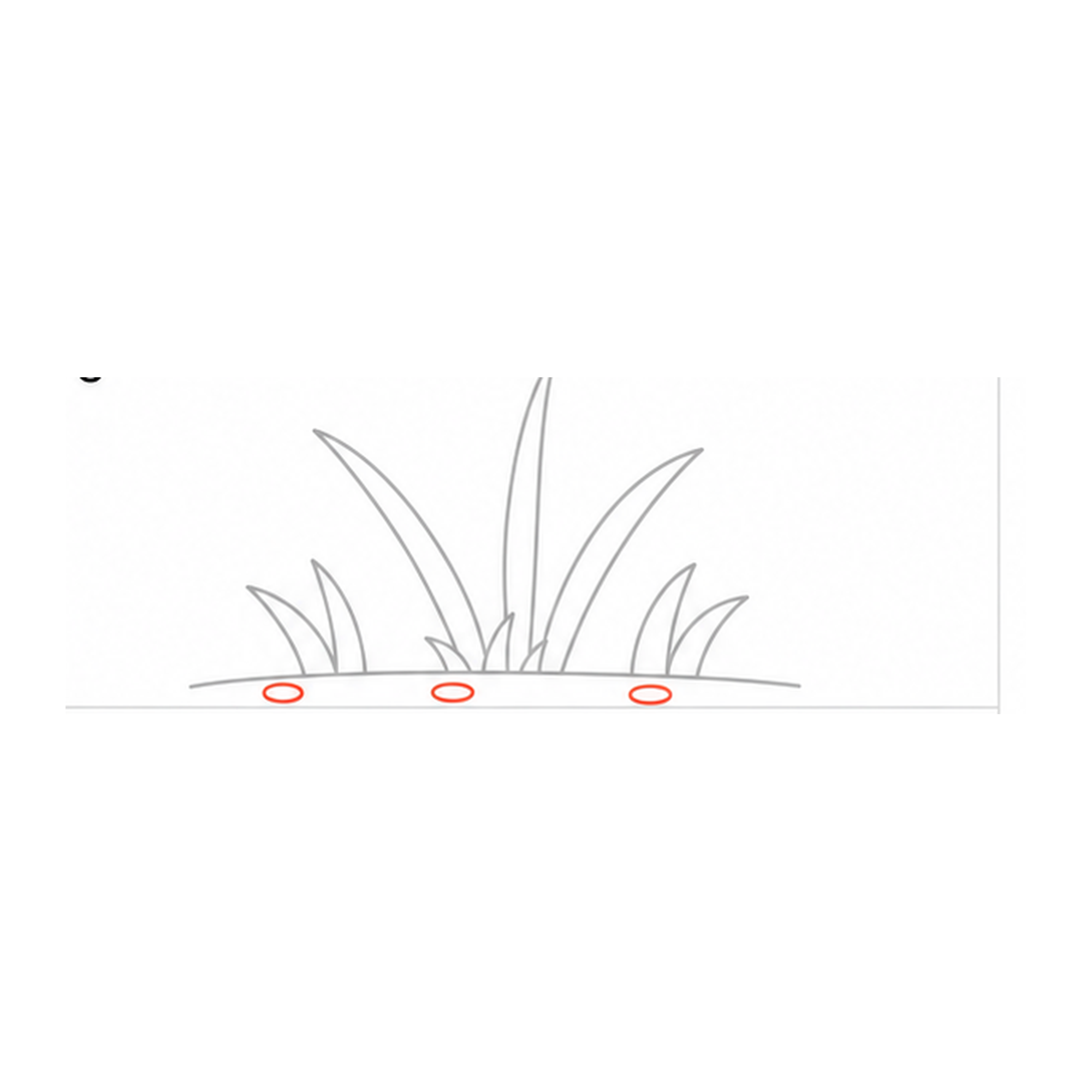 Step 8 of how to draw grass: add three pebbles.