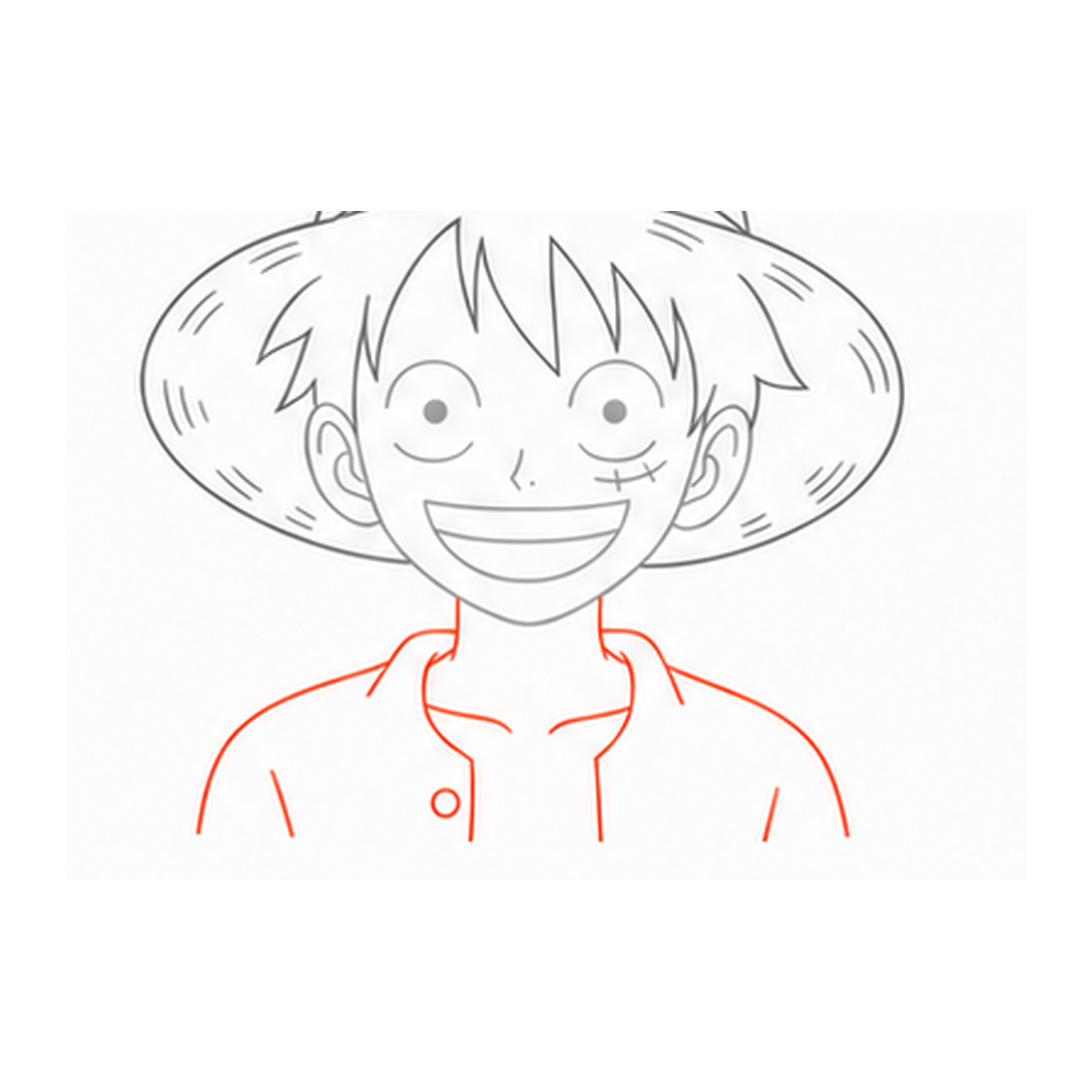 Step 10 of how to draw luffy: draw the neck and shirt.