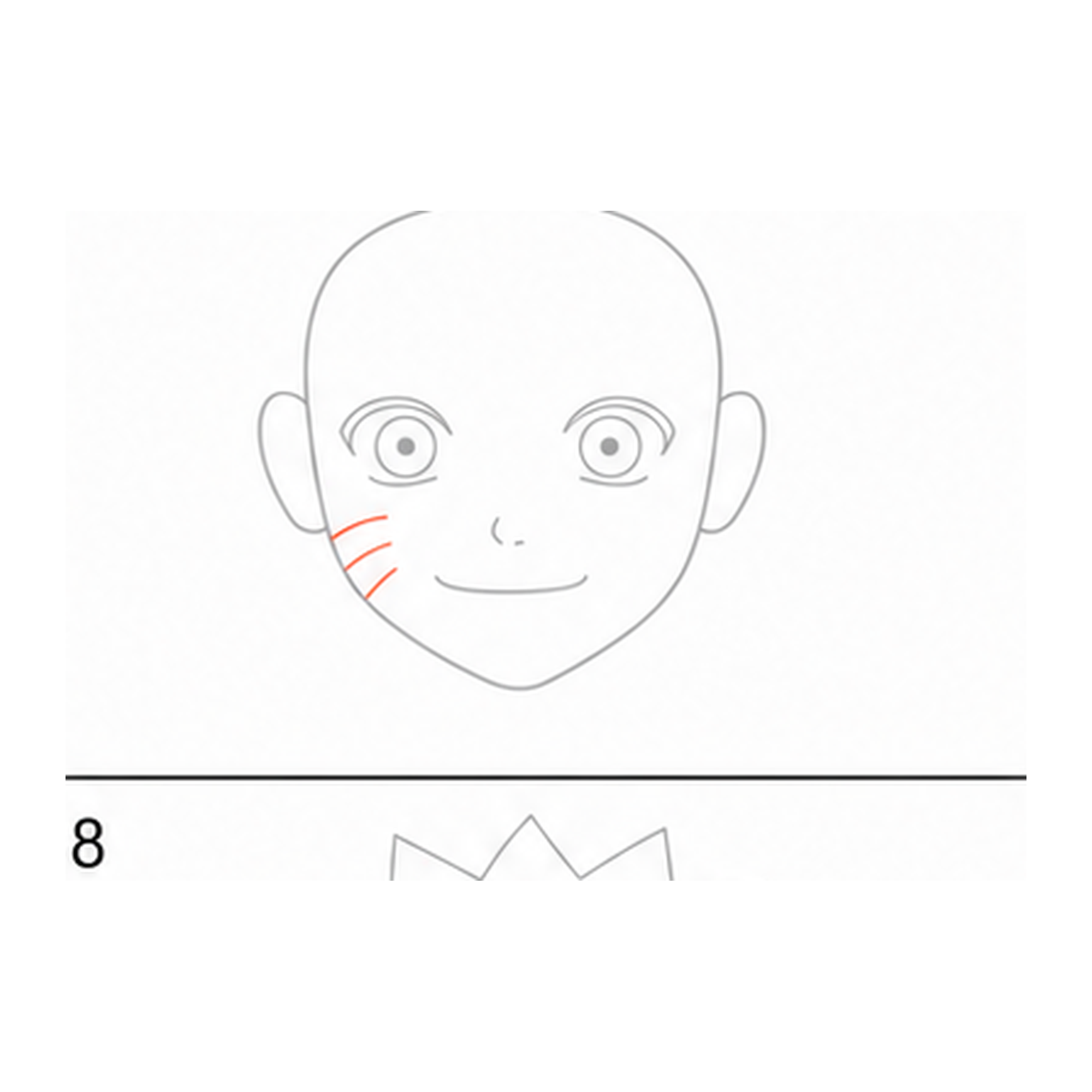 Step 5 of how to draw naruto: add the left whisker marks.