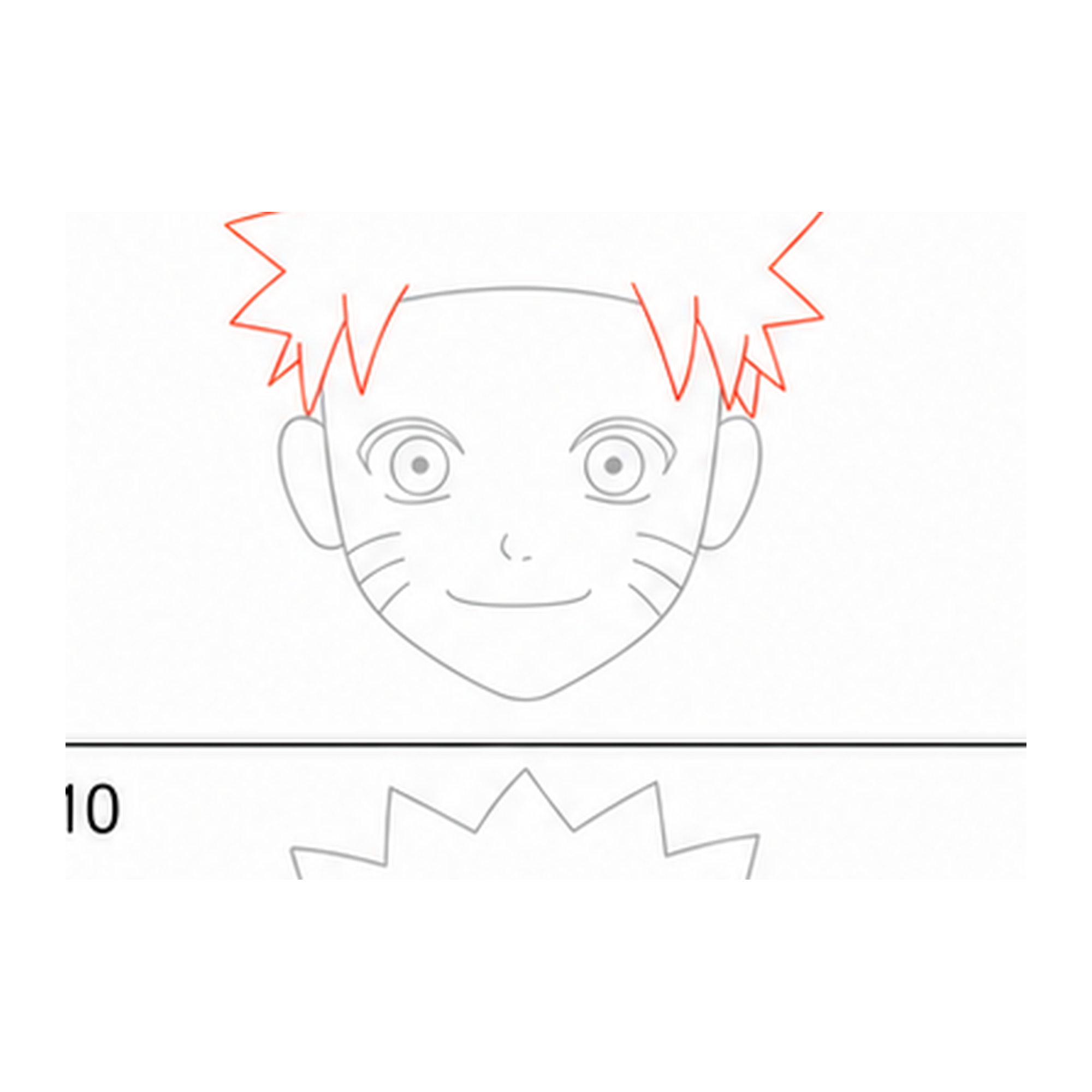Step 7 of how to draw naruto: draw the spiky hair.