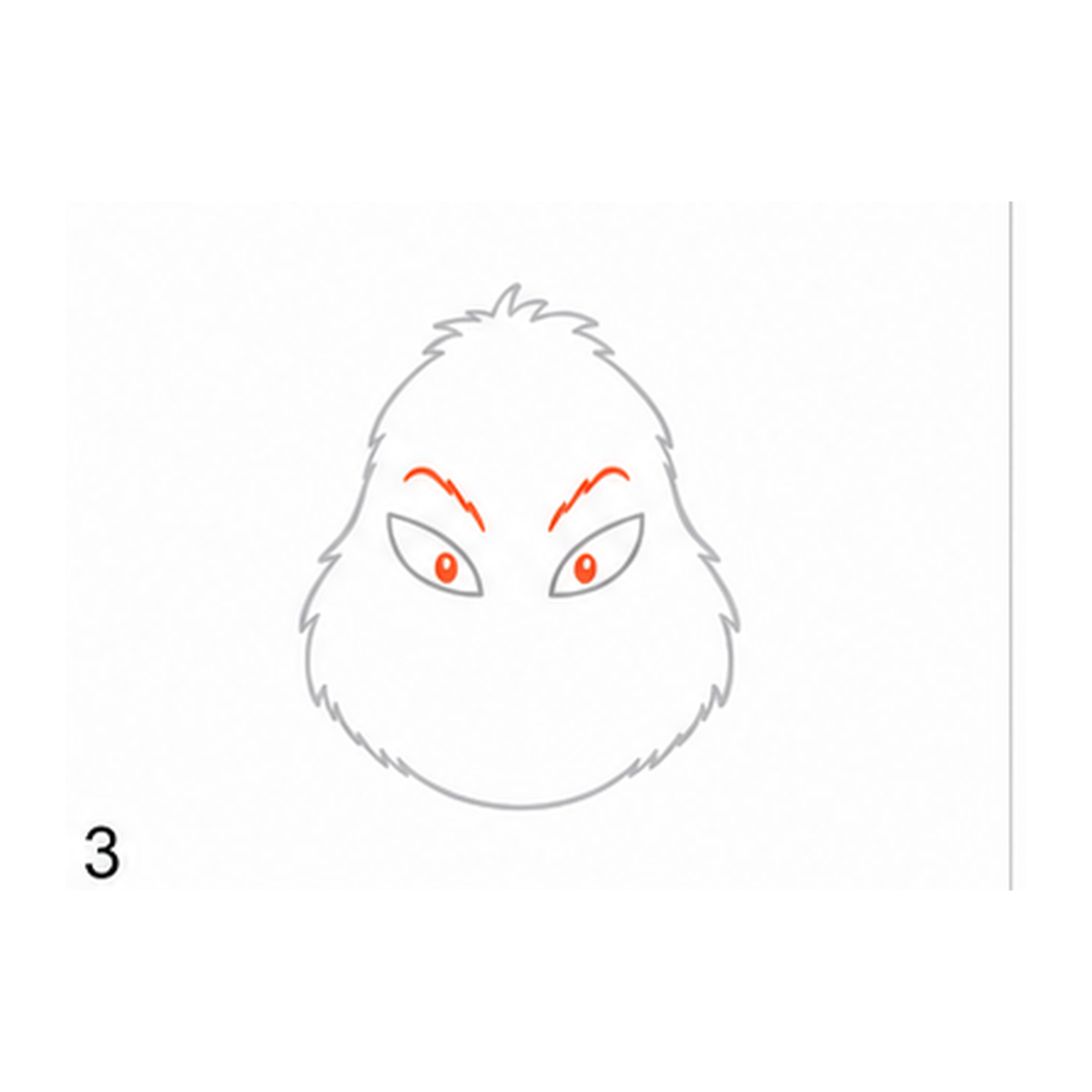 Step 3 of how to draw the Grinch: add pupils and eyebrows.