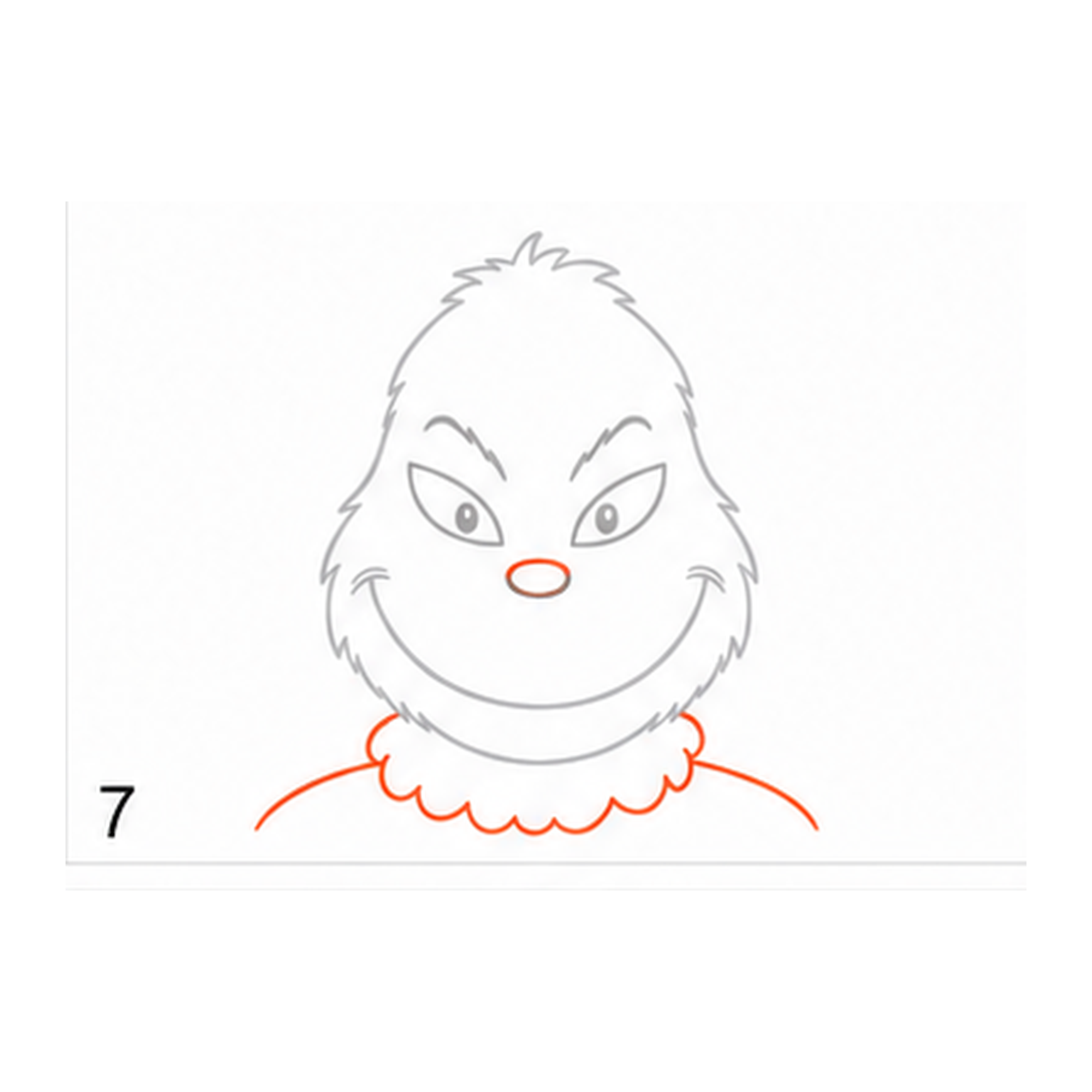 Step 7 of how to draw the Grinch: draw the neck and shoulders.