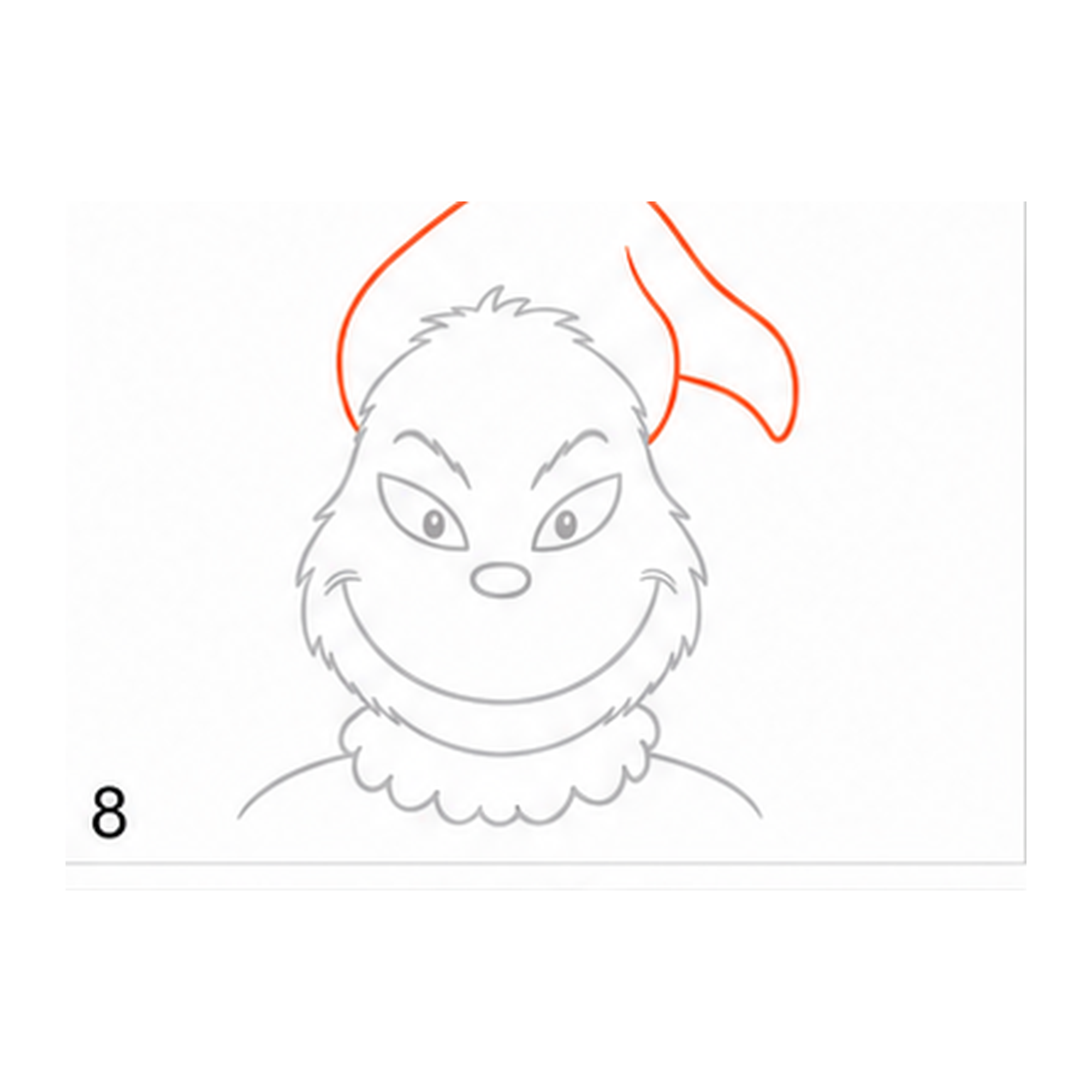 Step 8 of how to draw the Grinch: draw the santa hat.