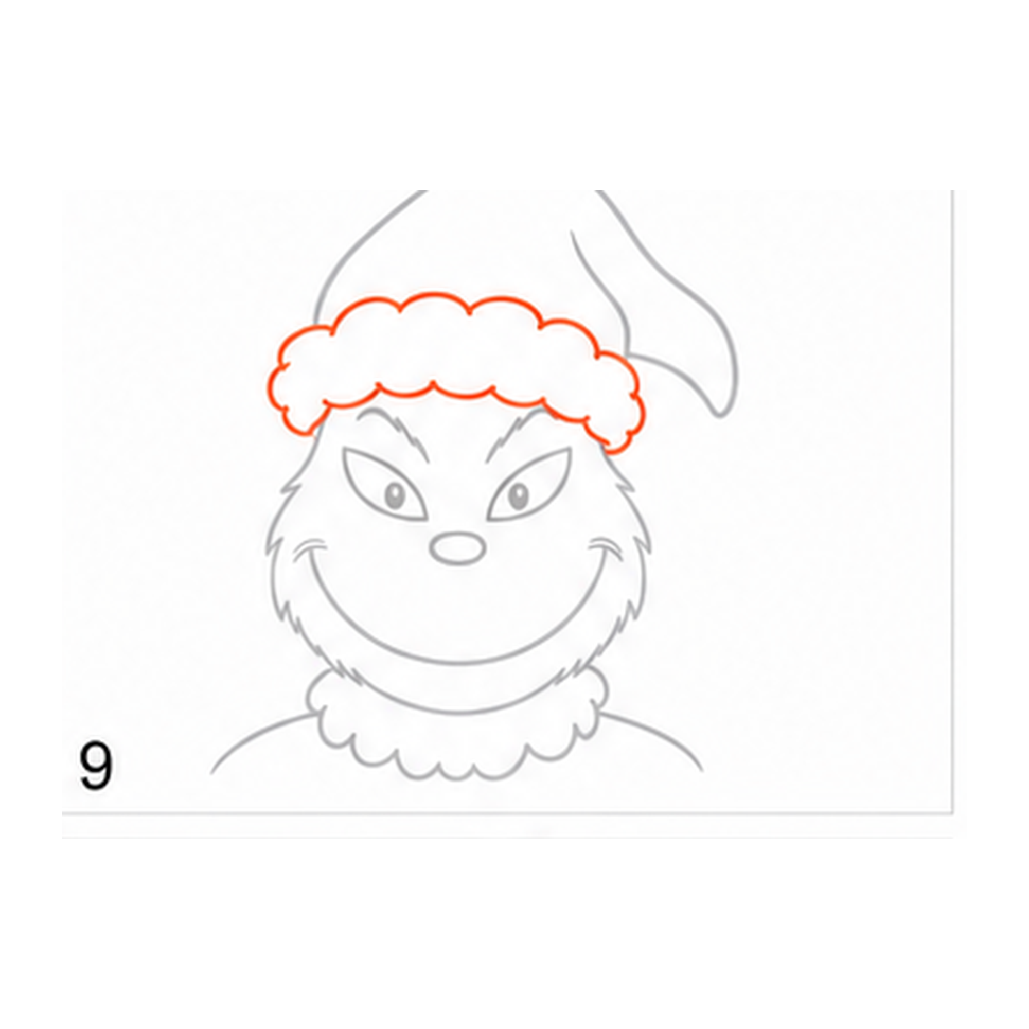 Step 9 of how to draw the Grinch: add the fluffy brim.